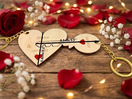 Personalized Heart & Key Keychain, Custom Names and Date, Handmade Wooden Accessory